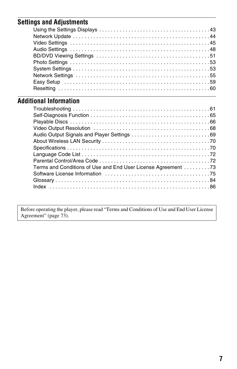 7settings and adjustments, Additional information | Sony BDP-S560 User Manual | Page 7 / 87