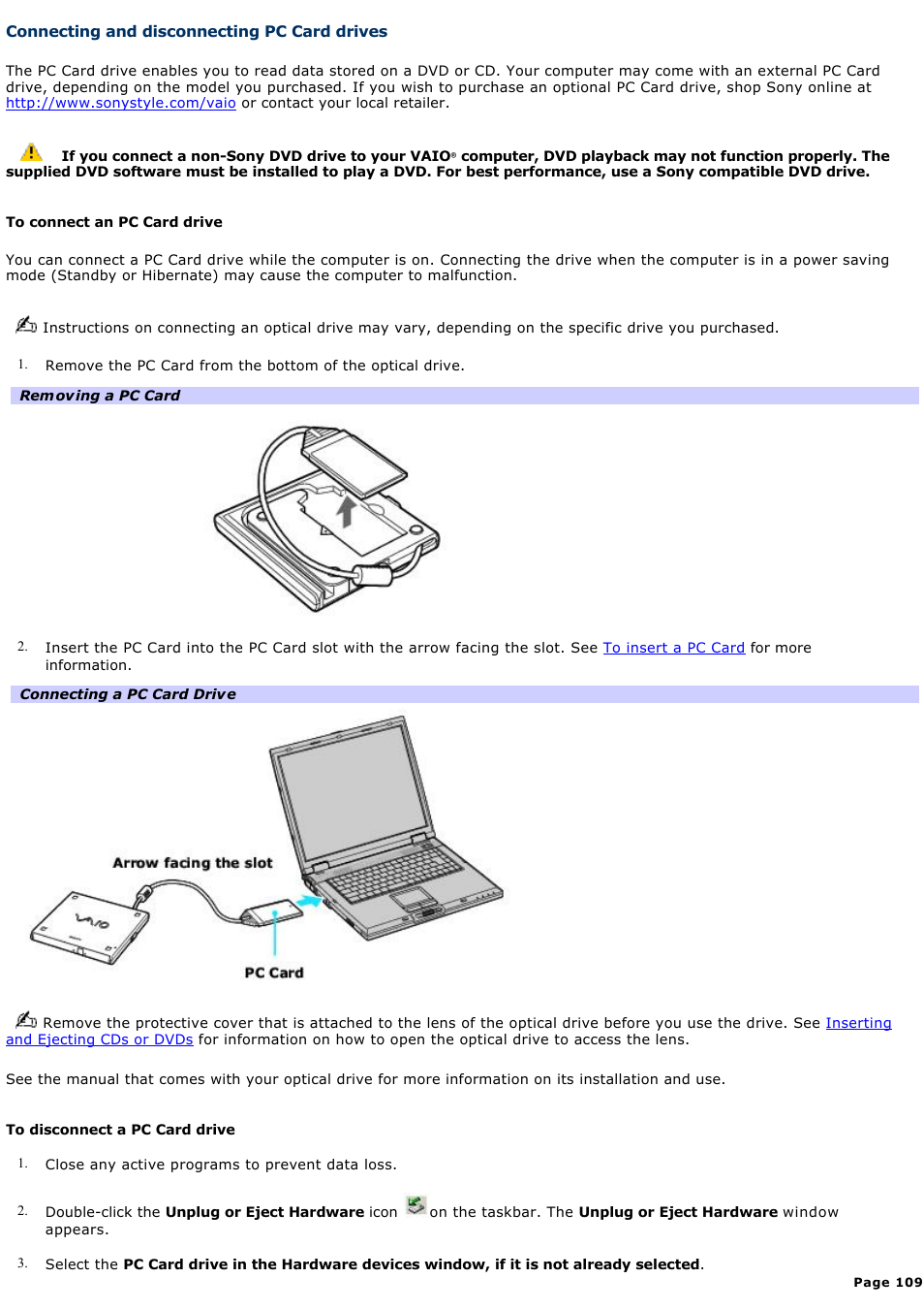 Connecting and disconnecting pc card drives | Sony PCG-GRX690K User Manual | Page 109 / 264