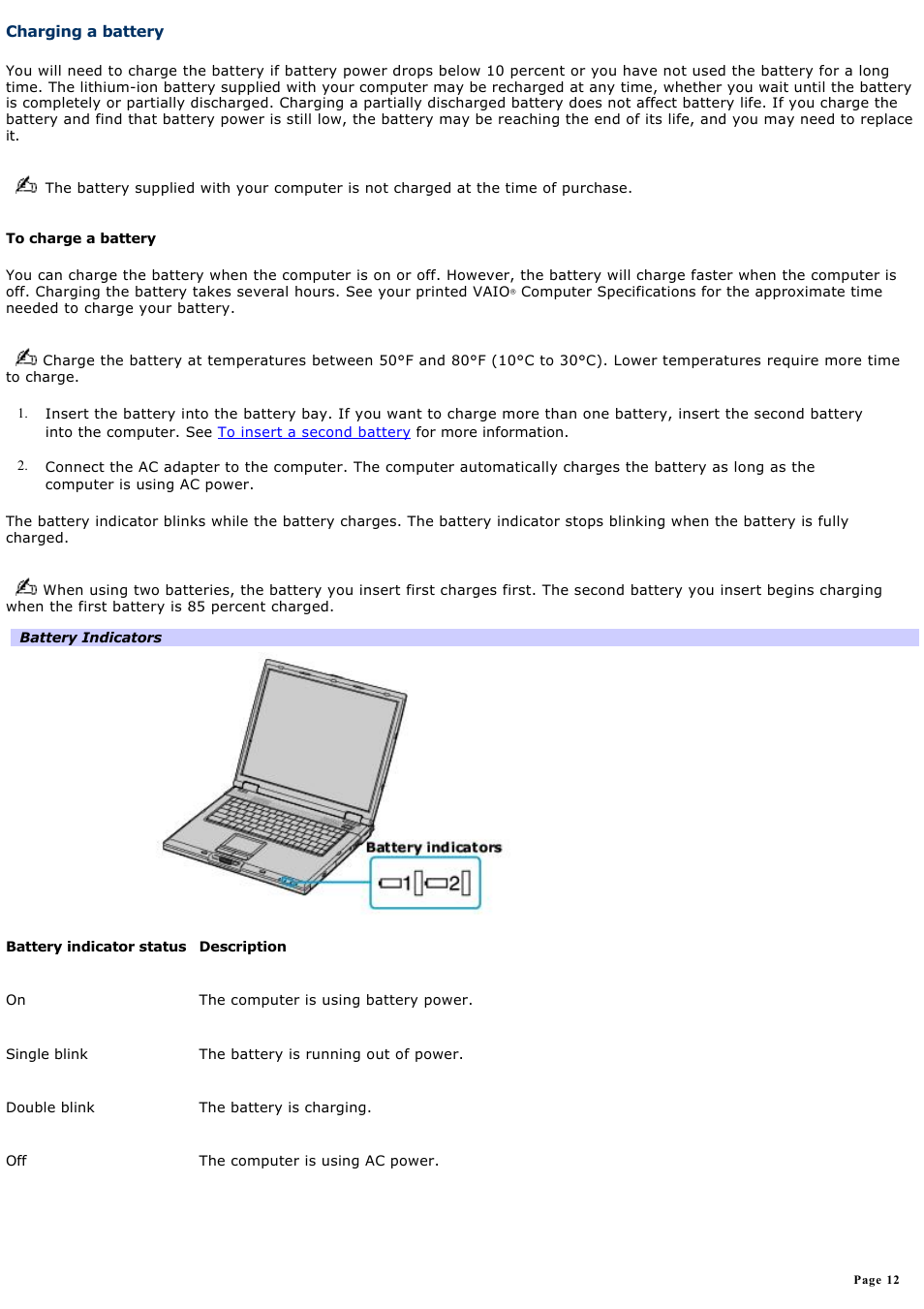 Charging a battery | Sony PCG-GRX690K User Manual | Page 12 / 264