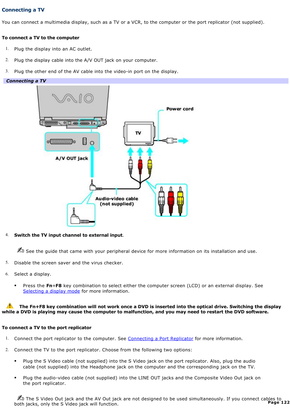 Connecting a tv | Sony PCG-GRX690K User Manual | Page 122 / 264