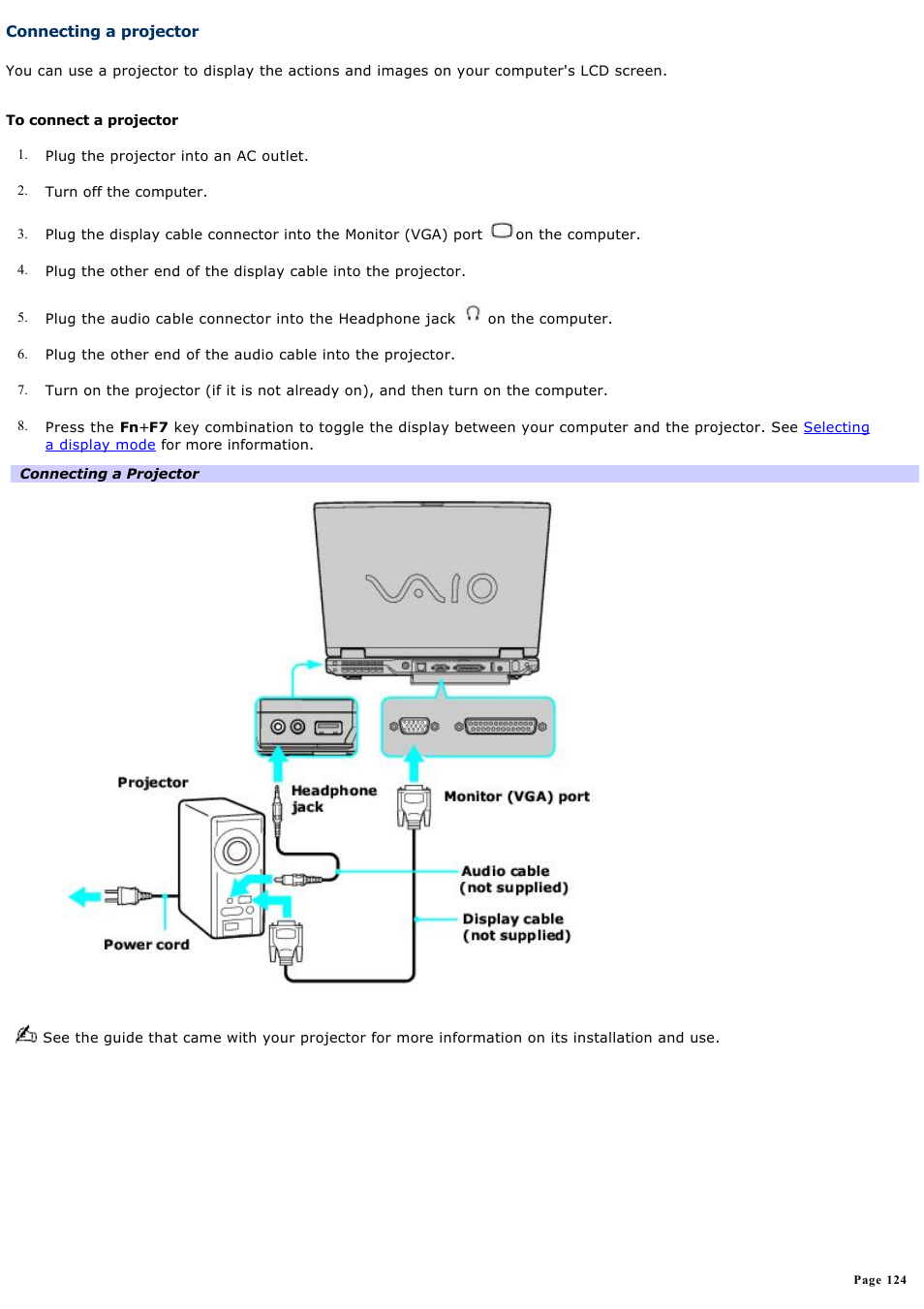 Connecting a projector | Sony PCG-GRX690K User Manual | Page 124 / 264