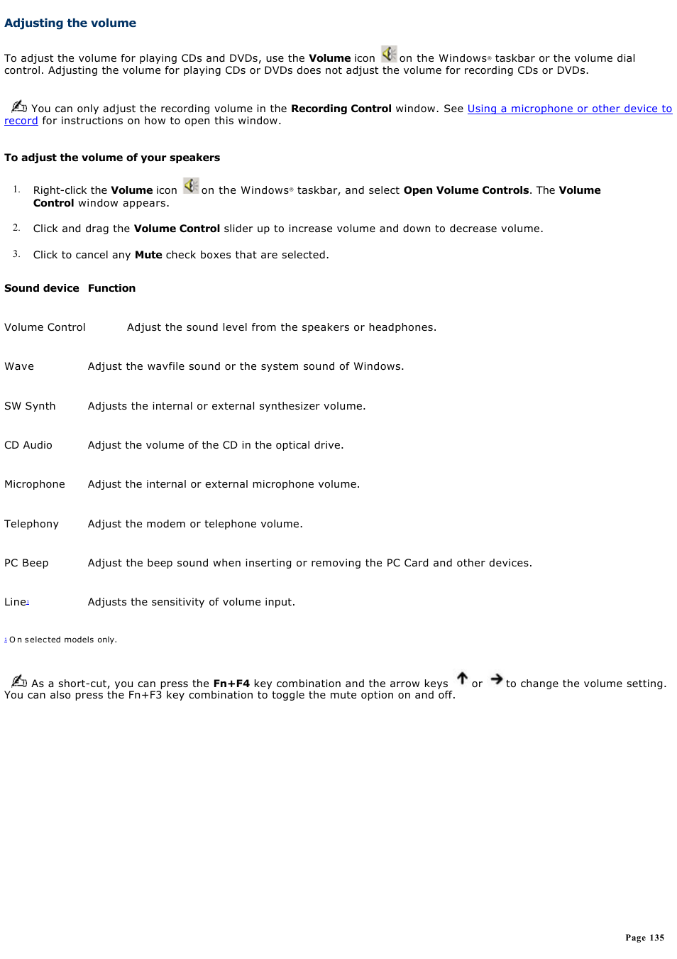 Adjusting the volume | Sony PCG-GRX690K User Manual | Page 135 / 264