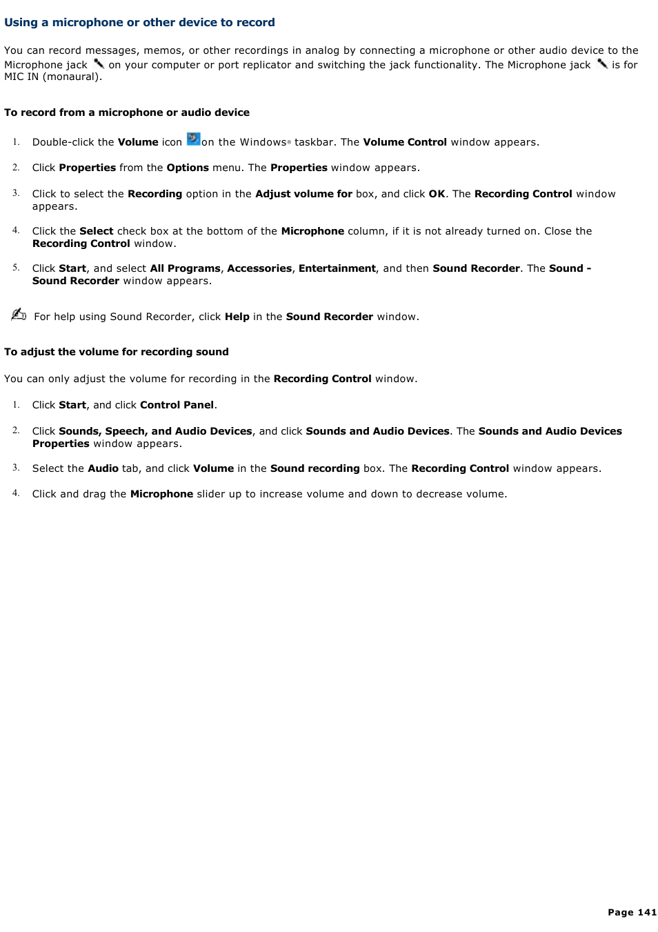 Using a microphone or other device to record | Sony PCG-GRX690K User Manual | Page 141 / 264