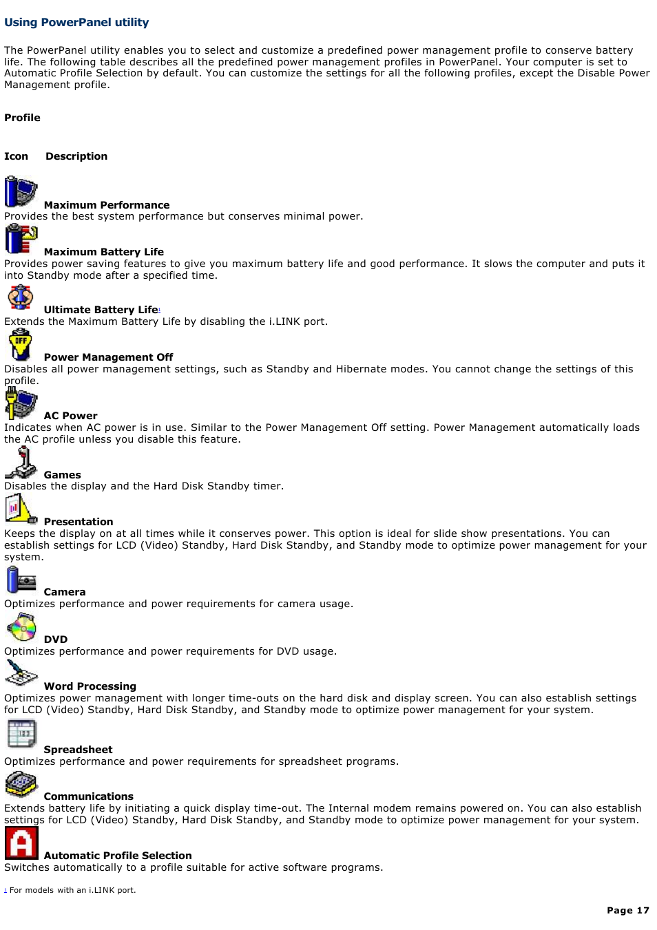 Using powerpanel utility | Sony PCG-GRX690K User Manual | Page 17 / 264