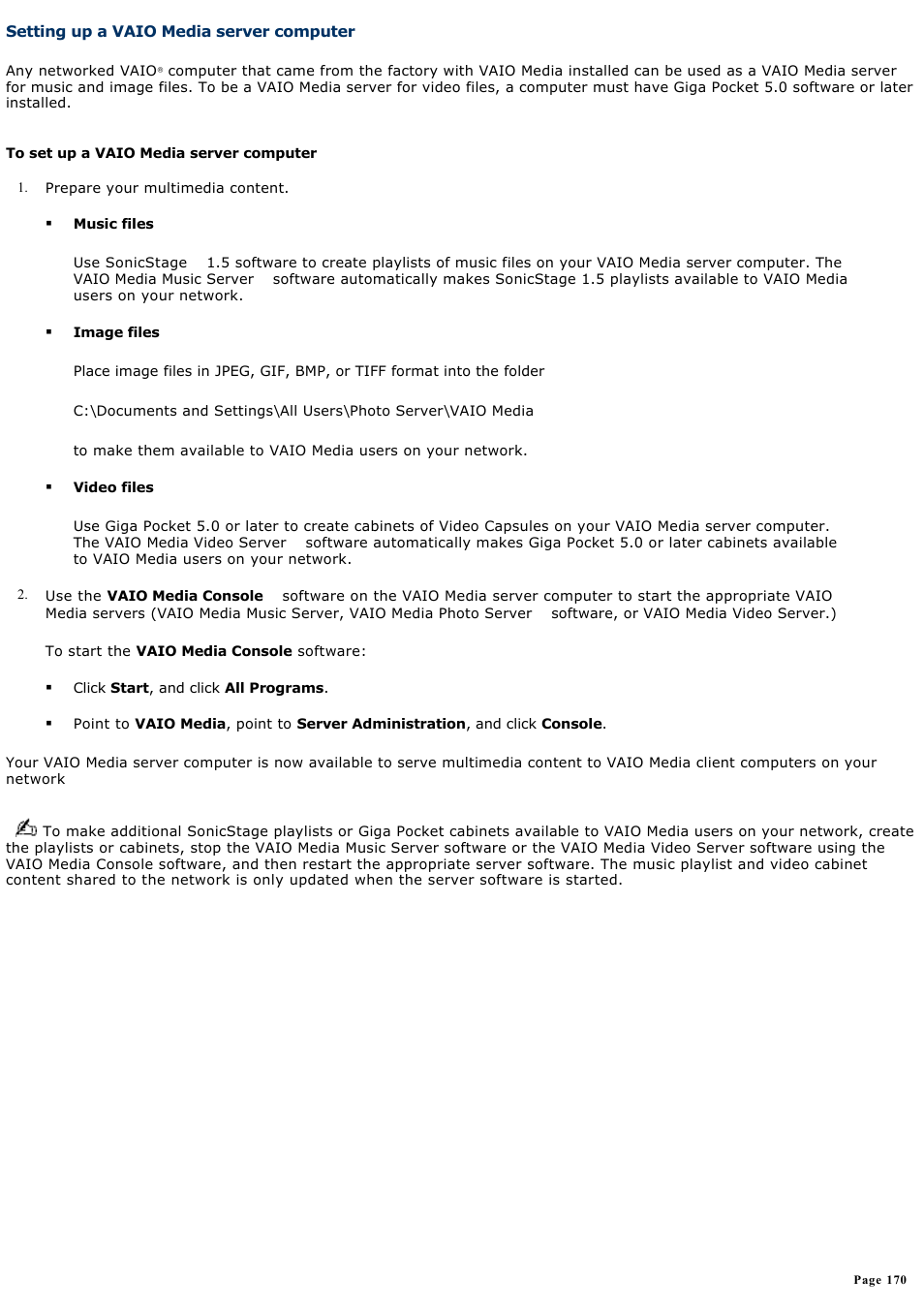 Setting up a vaio media server computer | Sony PCG-GRX690K User Manual | Page 170 / 264