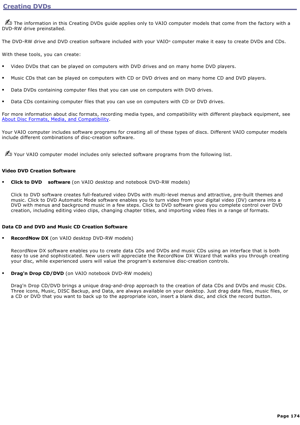 Creating dvds | Sony PCG-GRX690K User Manual | Page 174 / 264