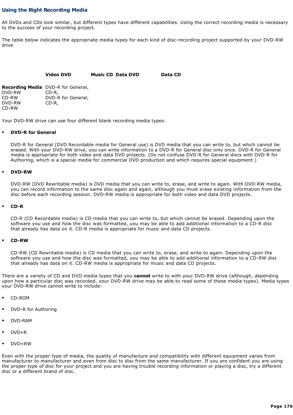 Using the right recording media | Sony PCG-GRX690K User Manual | Page 176 / 264