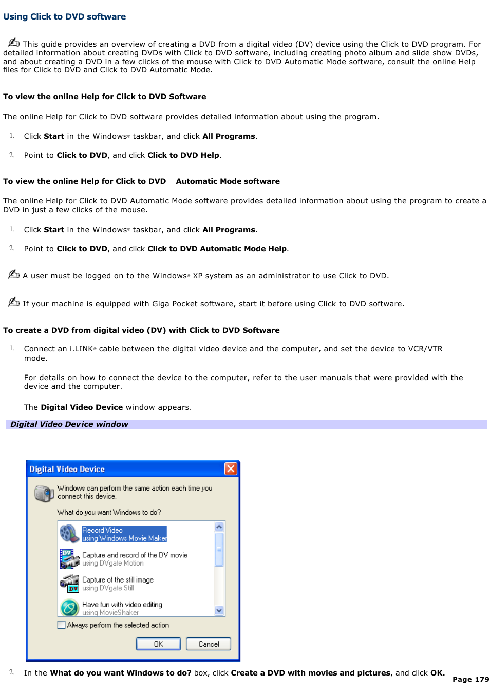 Using click to dvd software | Sony PCG-GRX690K User Manual | Page 179 / 264