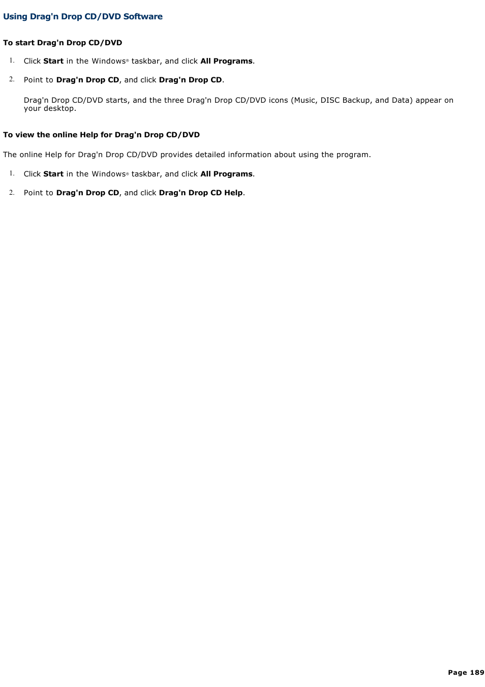 Using drag'n drop cd/dvd software | Sony PCG-GRX690K User Manual | Page 189 / 264