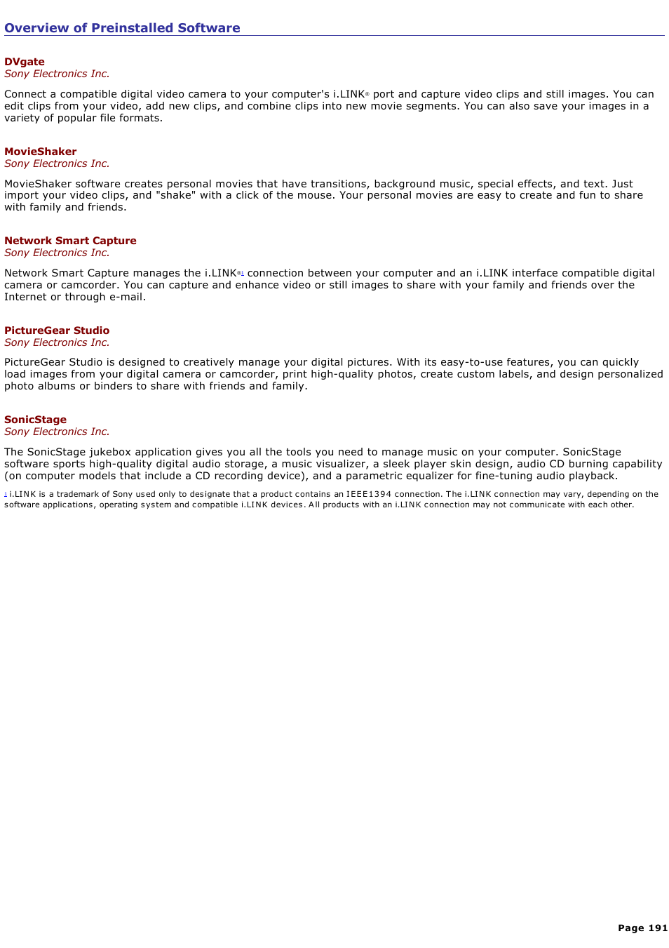 Overview of preinstalled software | Sony PCG-GRX690K User Manual | Page 191 / 264