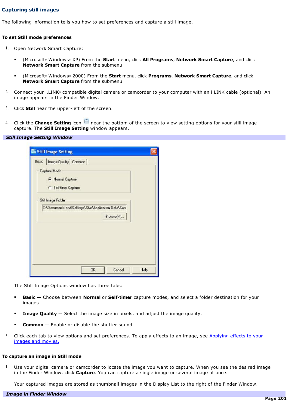 Capturing still images | Sony PCG-GRX690K User Manual | Page 201 / 264