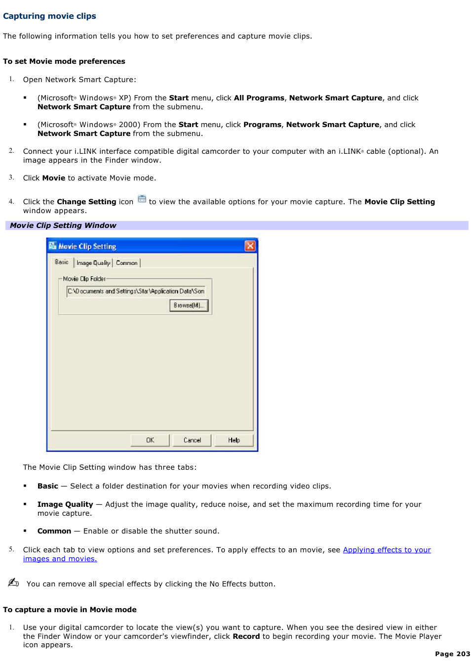 Capturing movie clips | Sony PCG-GRX690K User Manual | Page 203 / 264