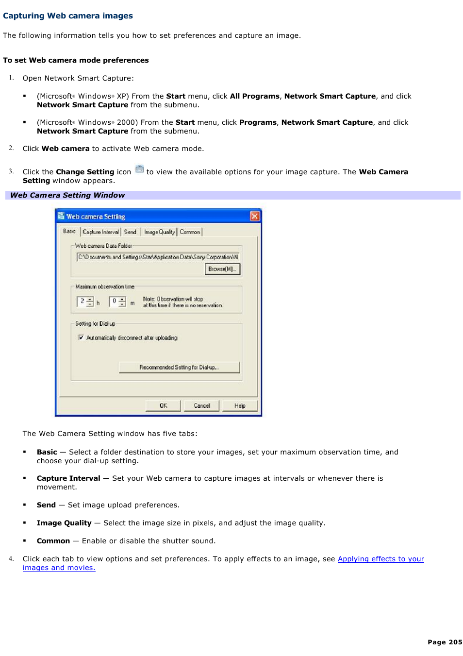 Capturing web camera images | Sony PCG-GRX690K User Manual | Page 205 / 264