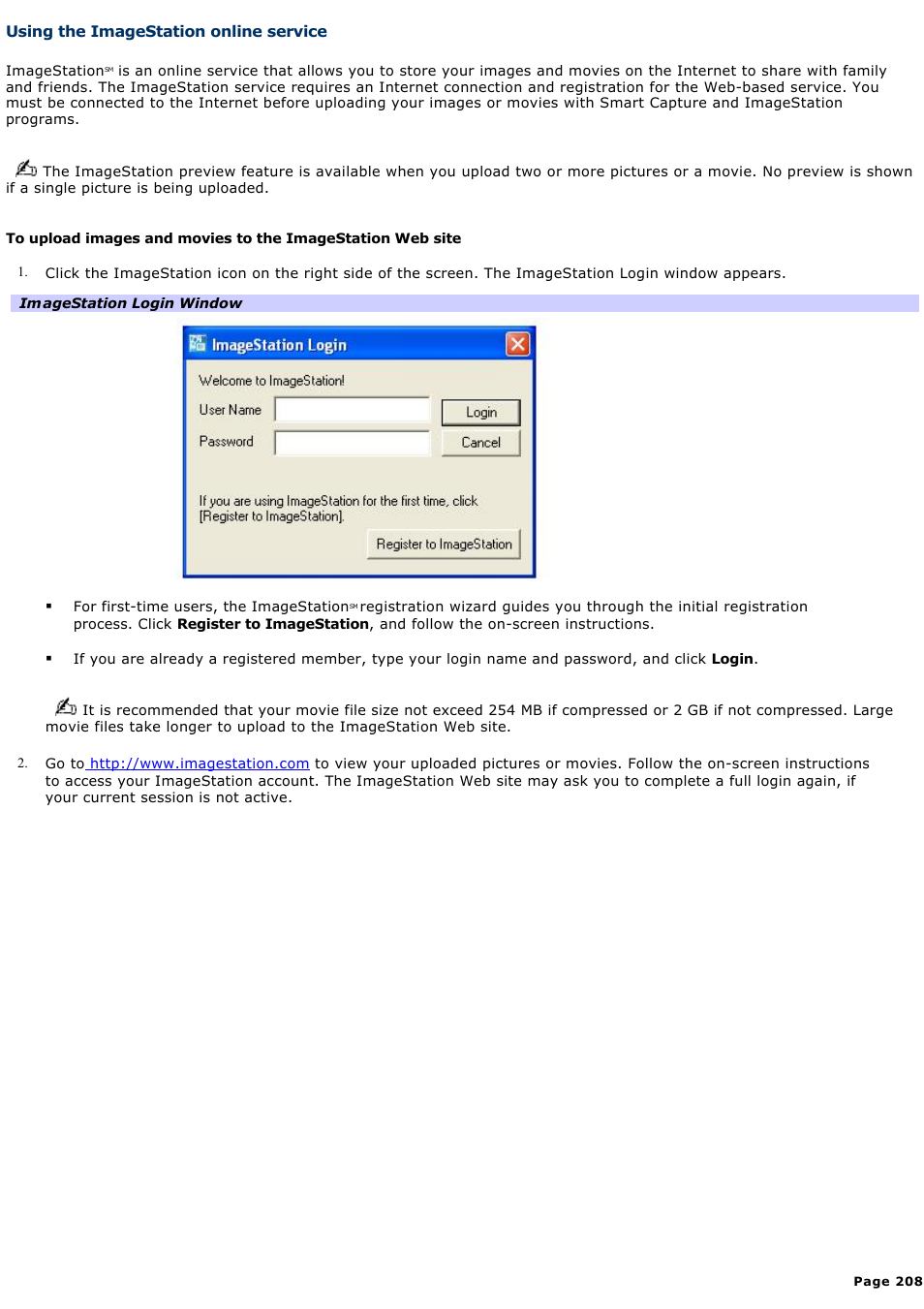 Using the imagestation online service | Sony PCG-GRX690K User Manual | Page 208 / 264