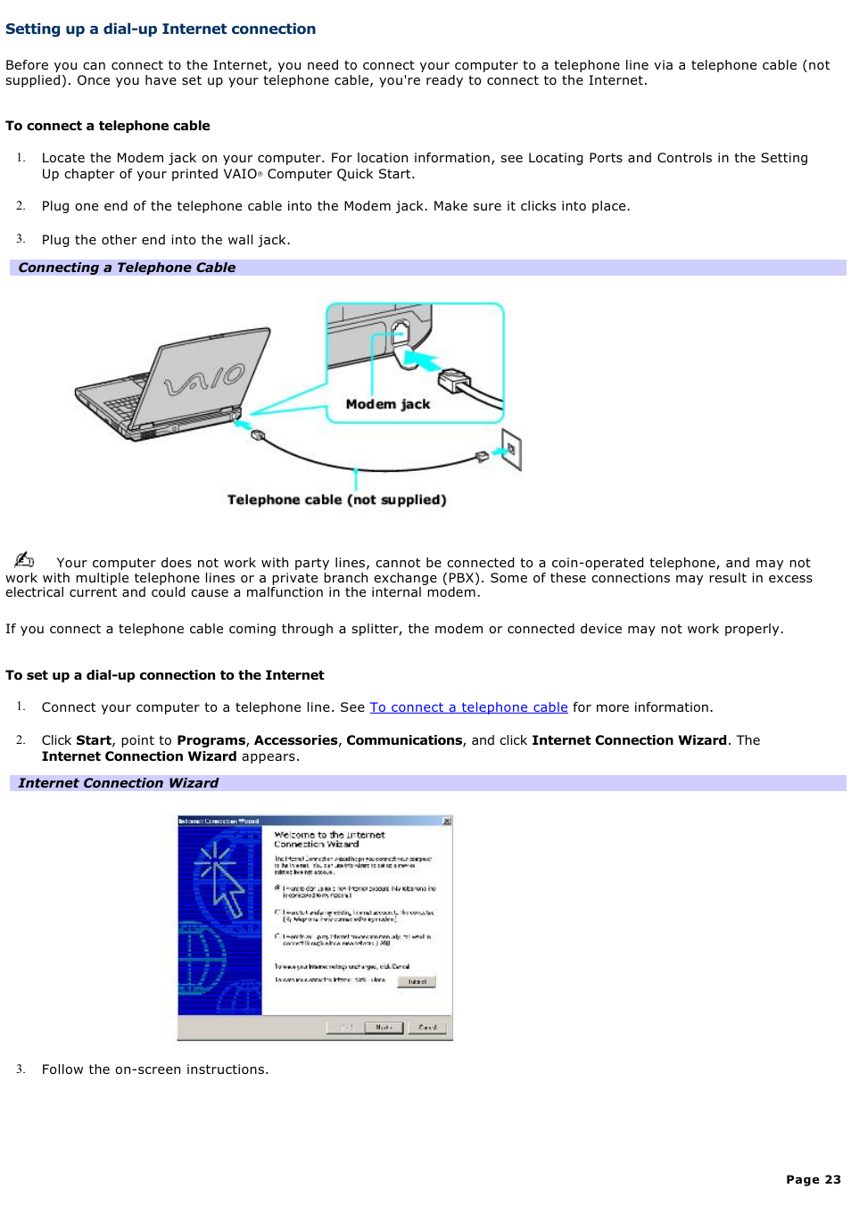 Setting up a dial-up internet connection | Sony PCG-GRX690K User Manual | Page 23 / 264