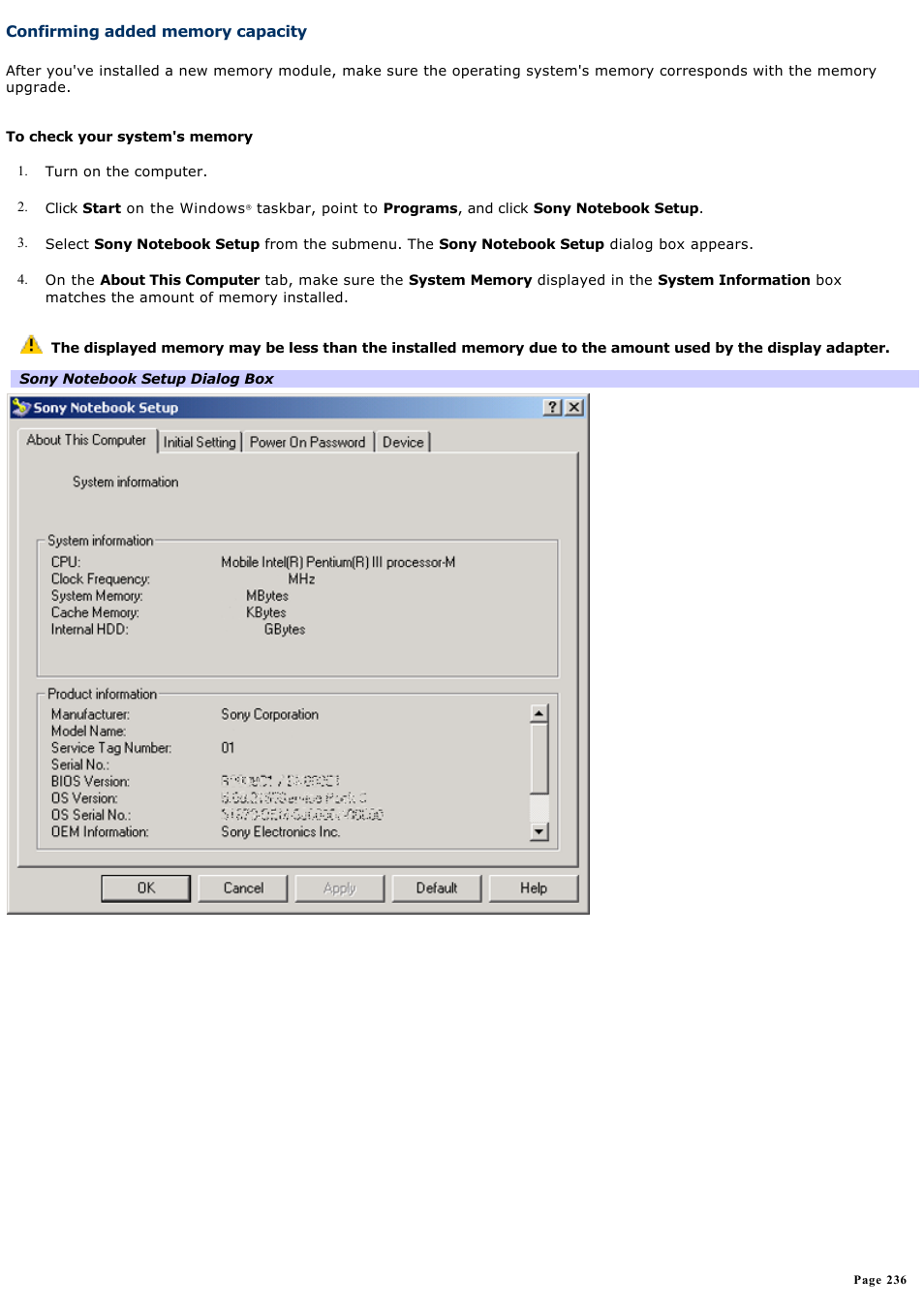 Confirming added memory capacity | Sony PCG-GRX690K User Manual | Page 236 / 264