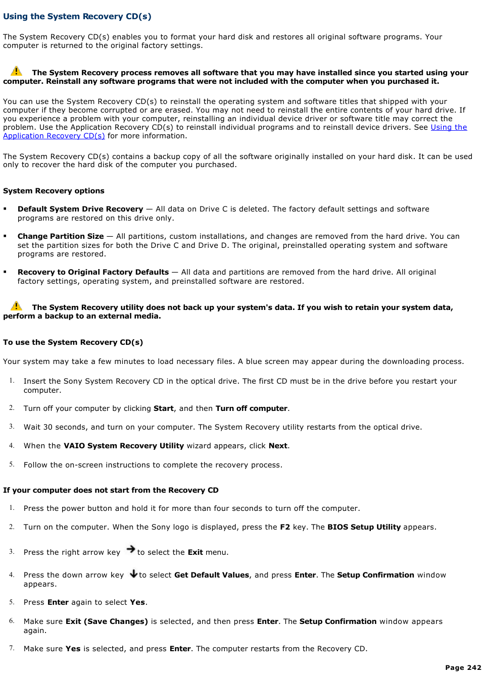 Using the system recovery cd(s) | Sony PCG-GRX690K User Manual | Page 242 / 264