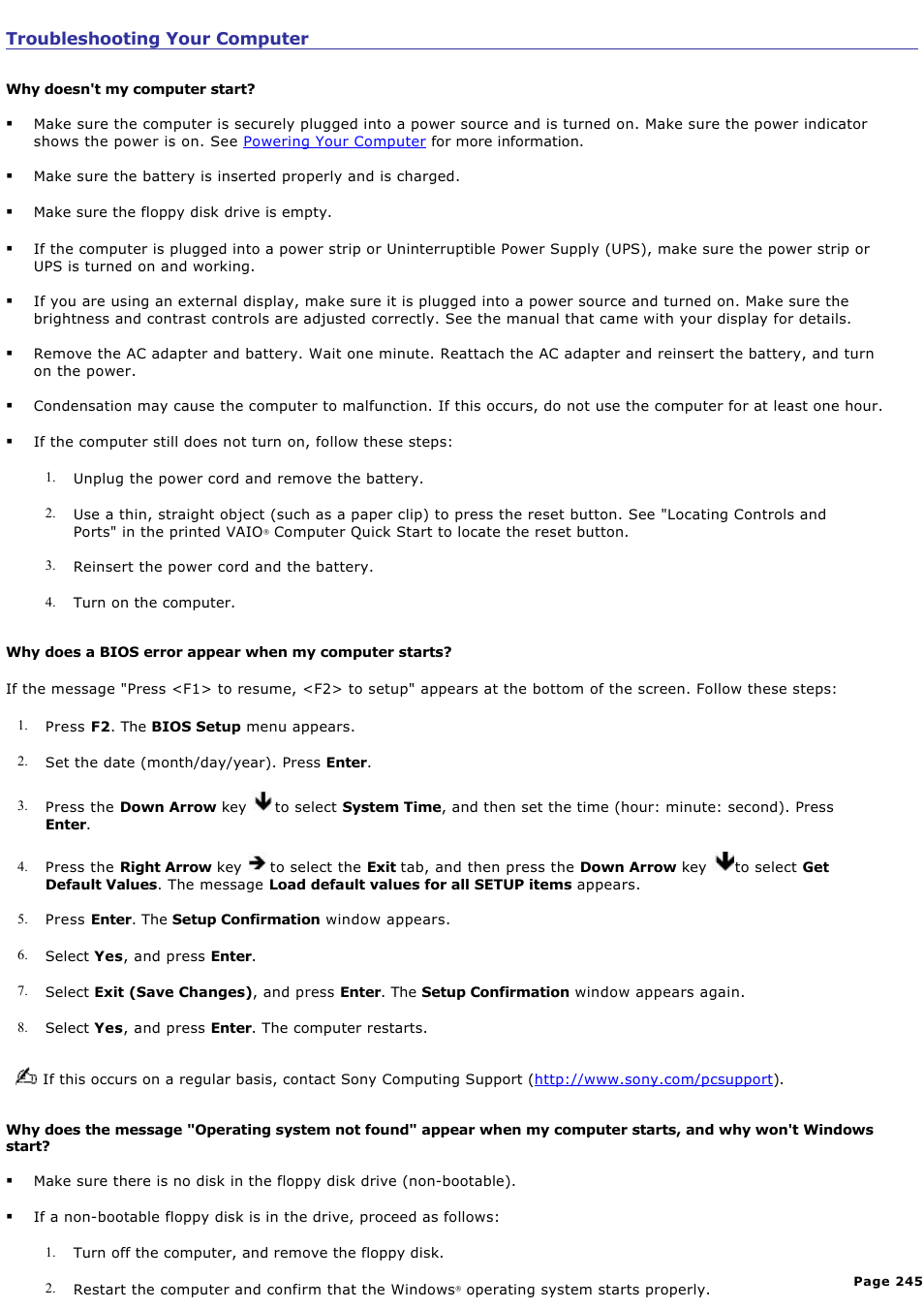 Troubleshooting your computer | Sony PCG-GRX690K User Manual | Page 245 / 264