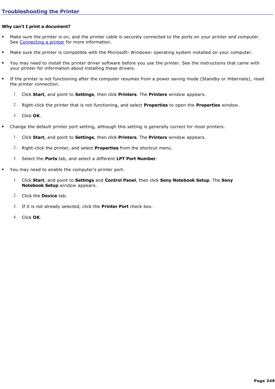 Troubleshooting the printer | Sony PCG-GRX690K User Manual | Page 249 / 264