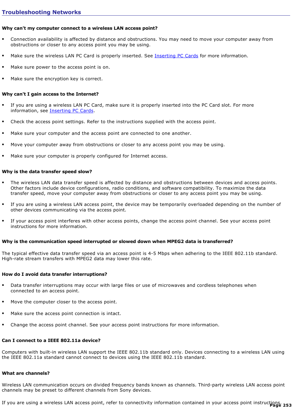 Troubleshooting networks | Sony PCG-GRX690K User Manual | Page 253 / 264