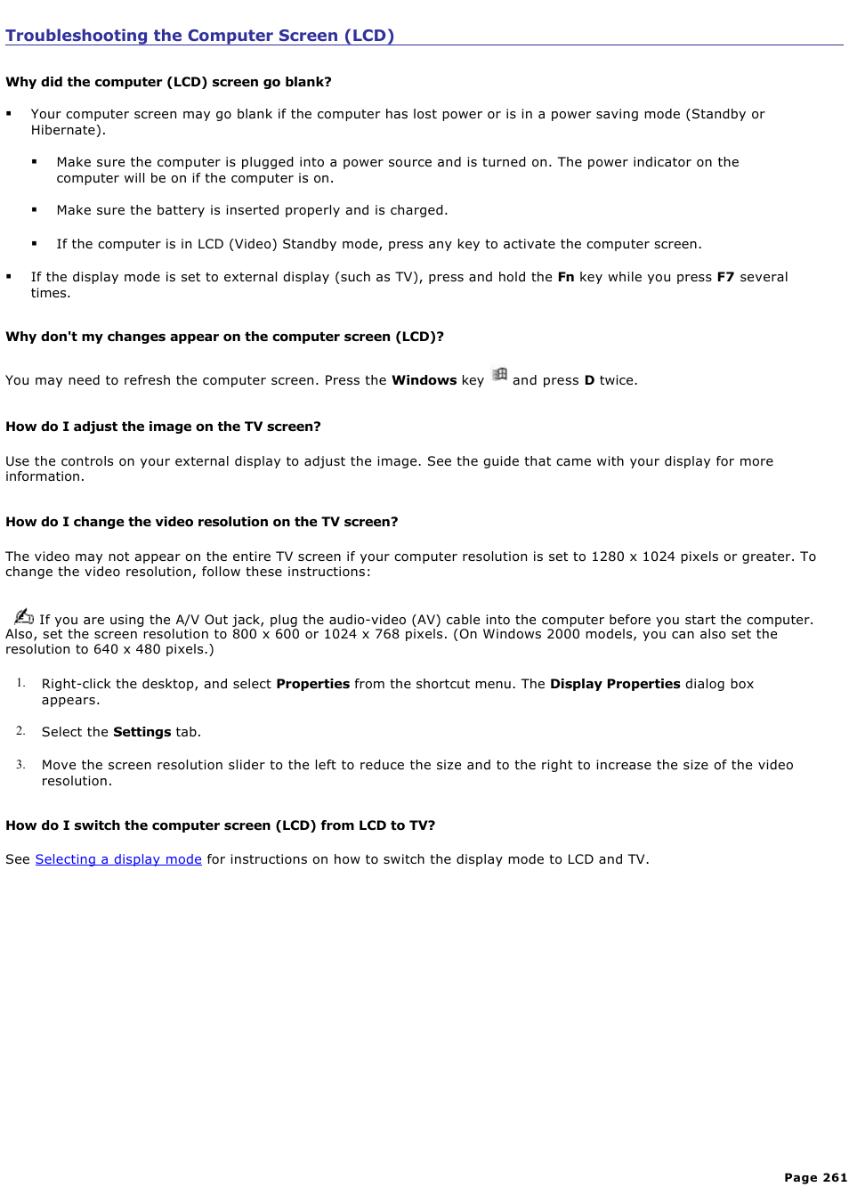 Troubleshooting the computer screen (lcd) | Sony PCG-GRX690K User Manual | Page 261 / 264