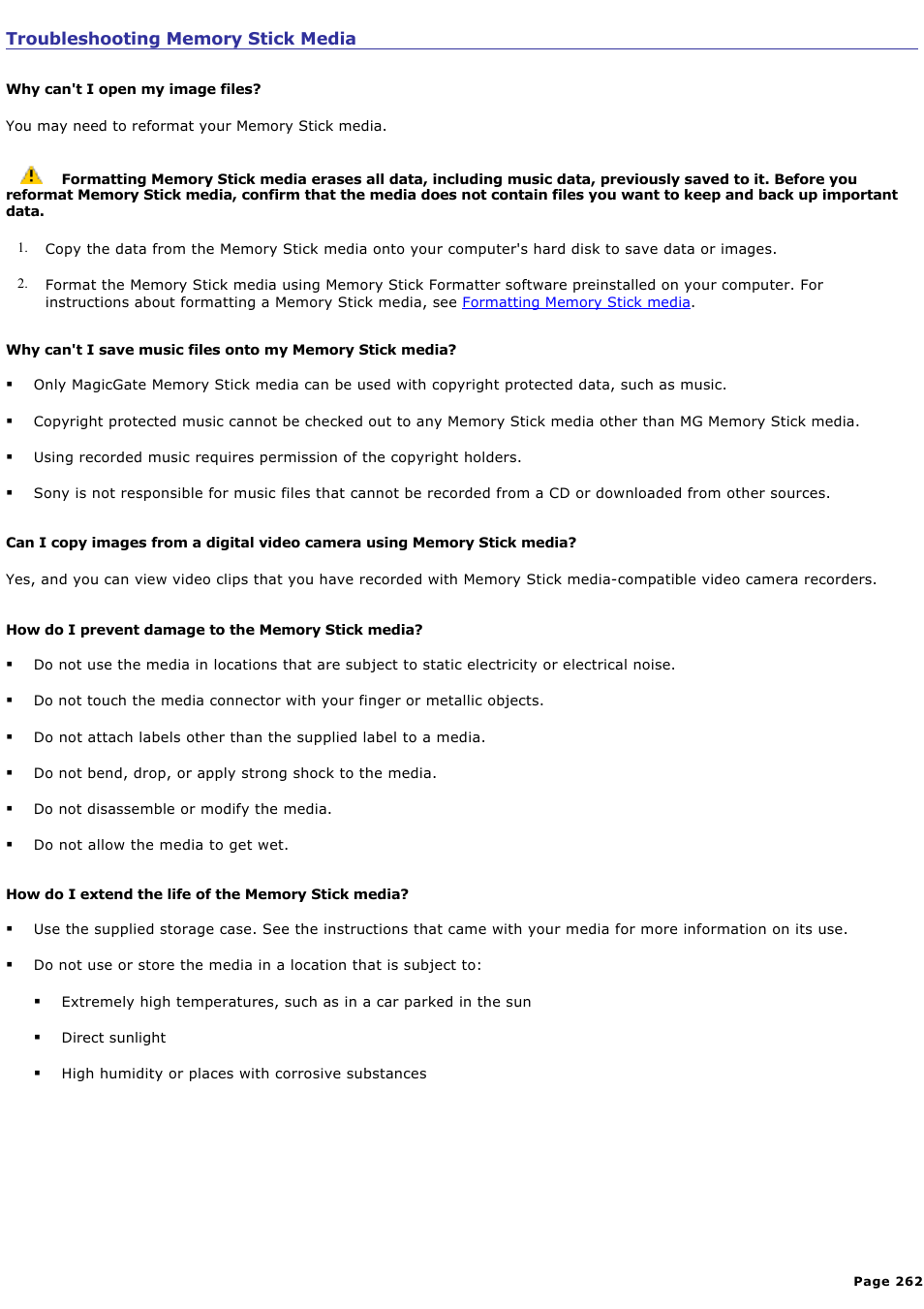 Troubleshooting memory stick media | Sony PCG-GRX690K User Manual | Page 262 / 264