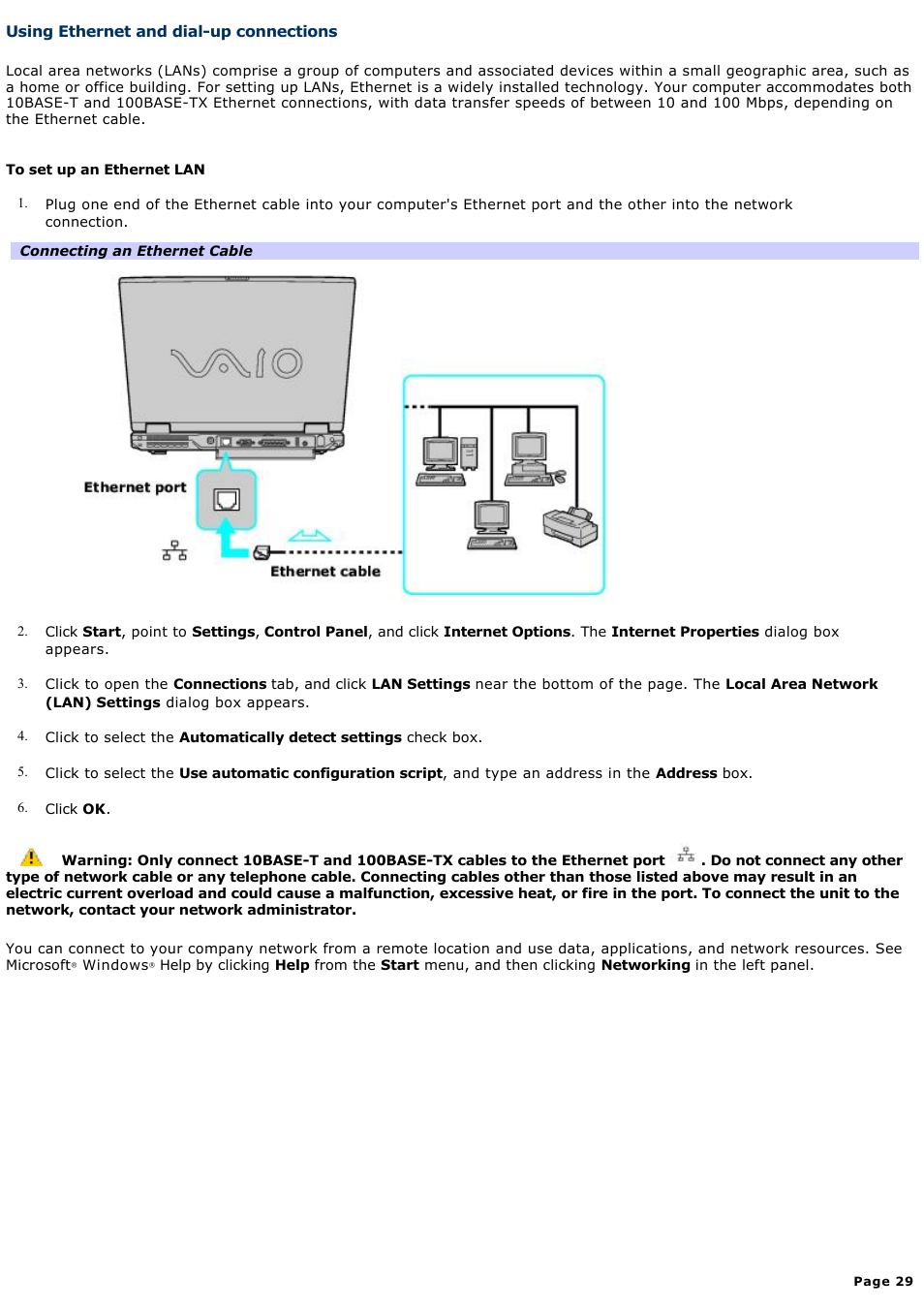 Using ethernet and dial-up connections | Sony PCG-GRX690K User Manual | Page 29 / 264