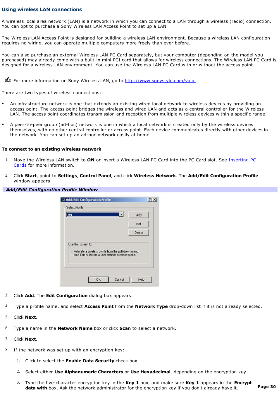 Using wireless lan connections | Sony PCG-GRX690K User Manual | Page 30 / 264