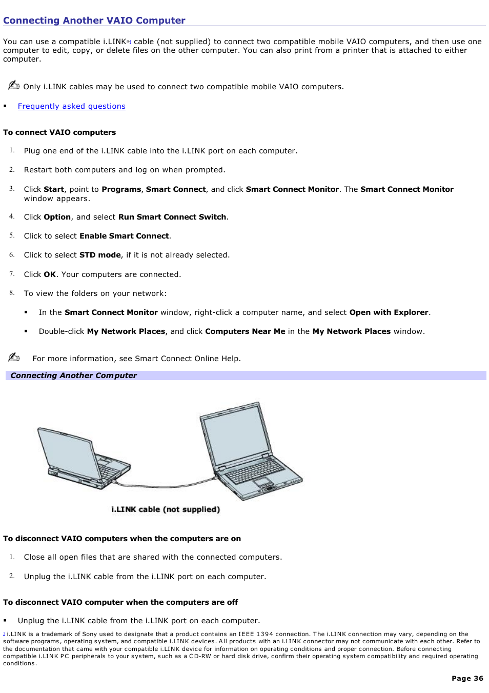 Connecting another vaio computer | Sony PCG-GRX690K User Manual | Page 36 / 264