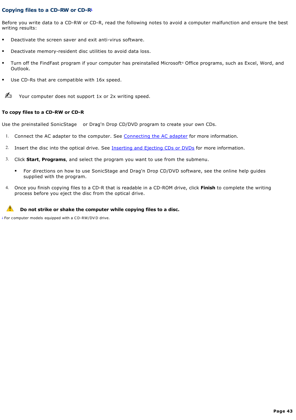 Copying files to a cd-rw or cd-r | Sony PCG-GRX690K User Manual | Page 43 / 264