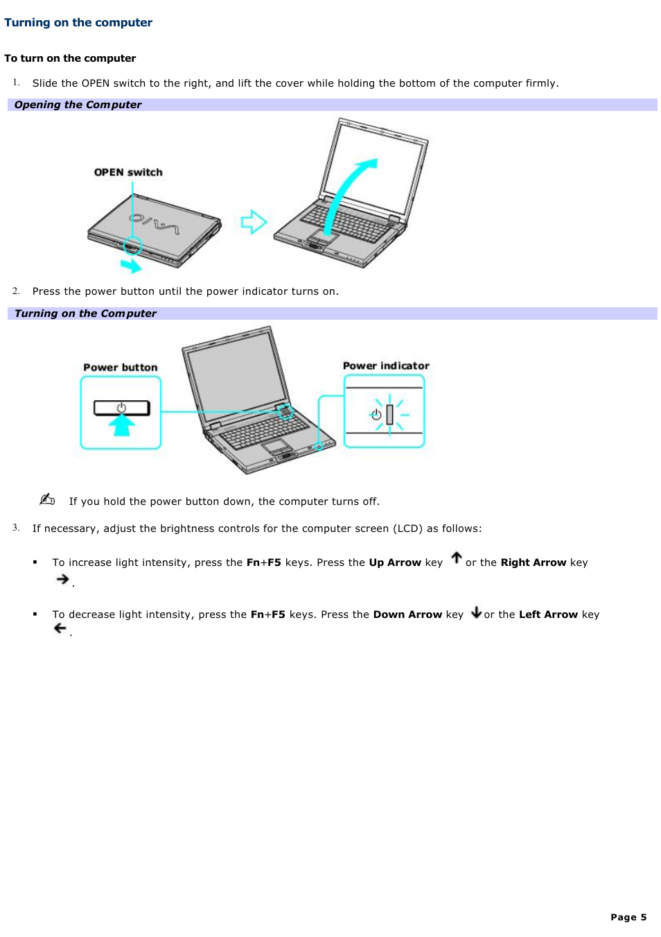 Turning on the computer | Sony PCG-GRX690K User Manual | Page 5 / 264