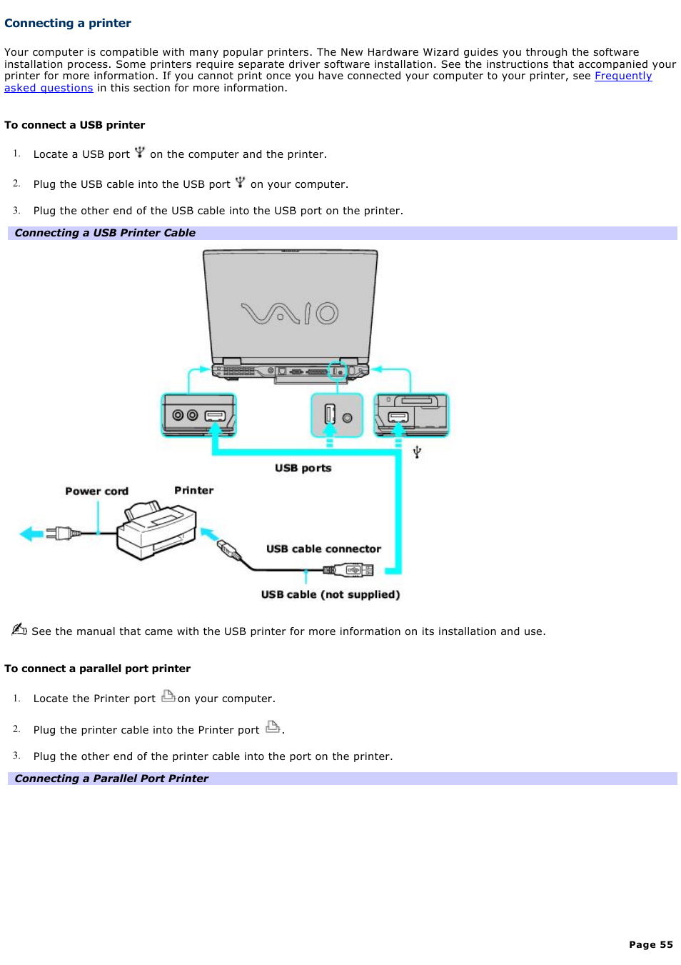 Connecting a printer | Sony PCG-GRX690K User Manual | Page 55 / 264