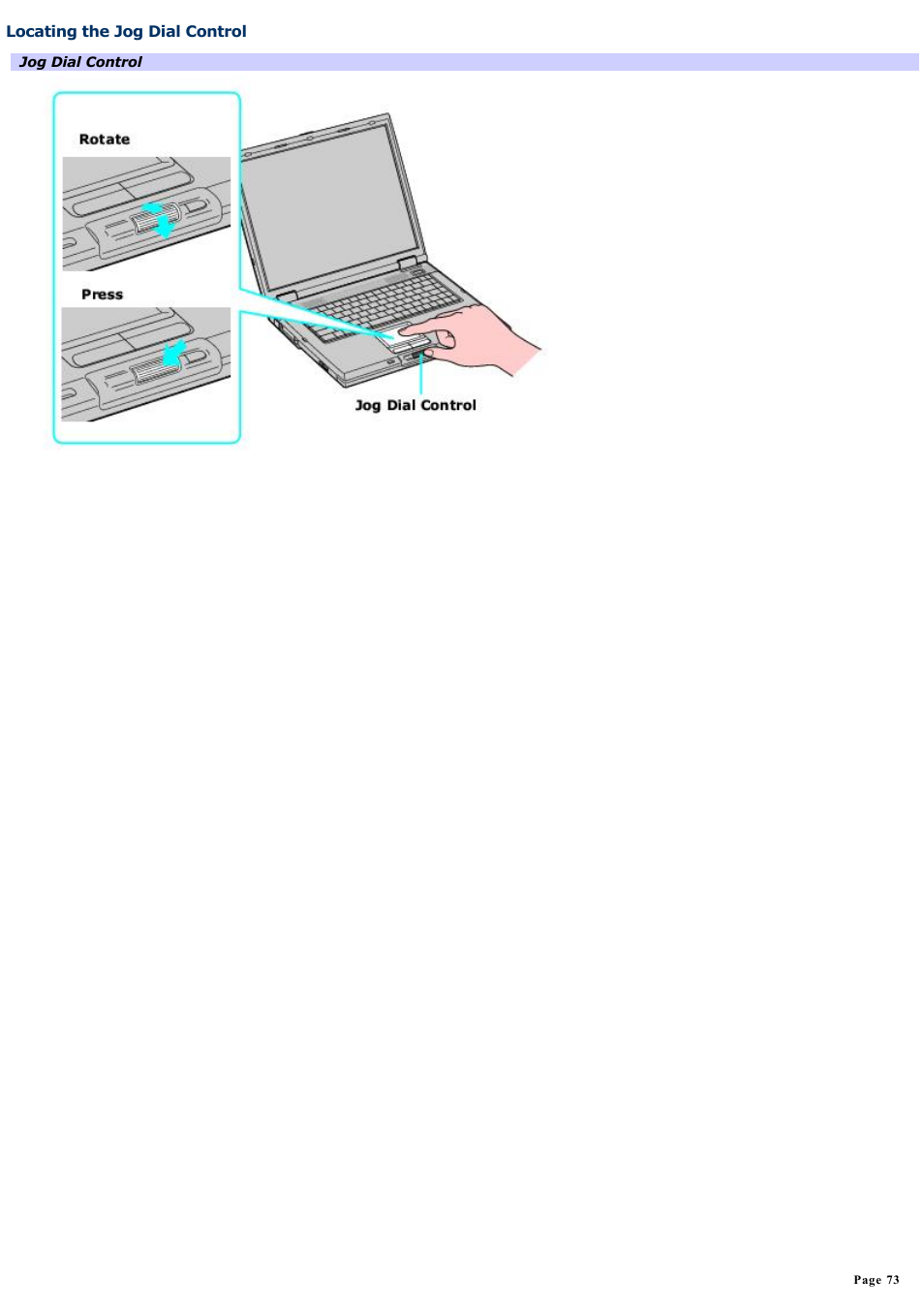 Locating the jog dial control | Sony PCG-GRX690K User Manual | Page 73 / 264