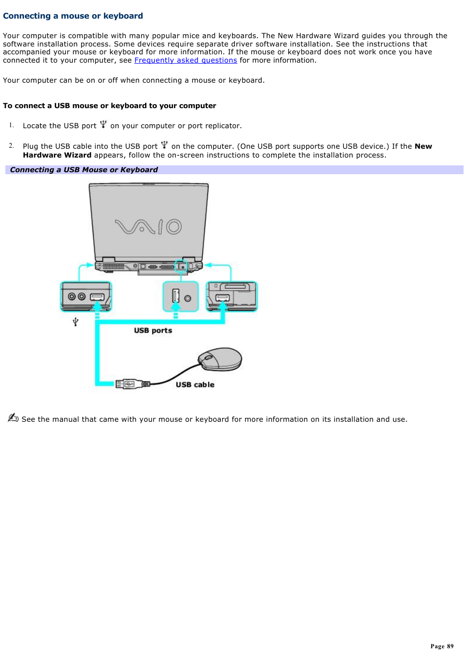 Connecting a mouse or keyboard | Sony PCG-GRX690K User Manual | Page 89 / 264