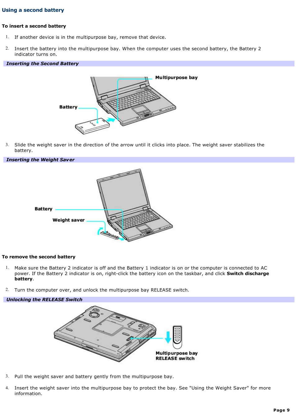 Using a second battery | Sony PCG-GRX690K User Manual | Page 9 / 264