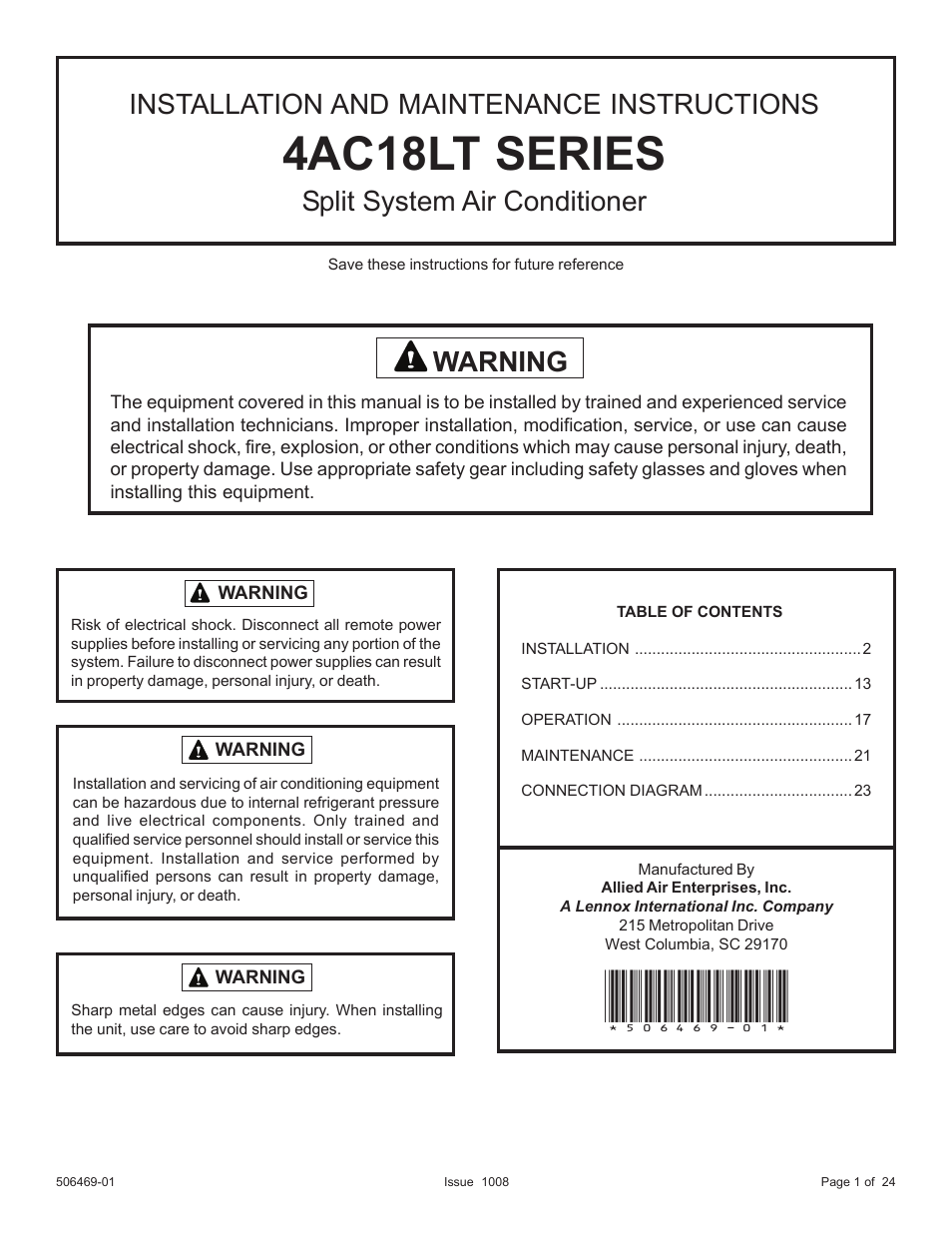 Allied Air Enterprises 4AC18LT User Manual | 24 pages