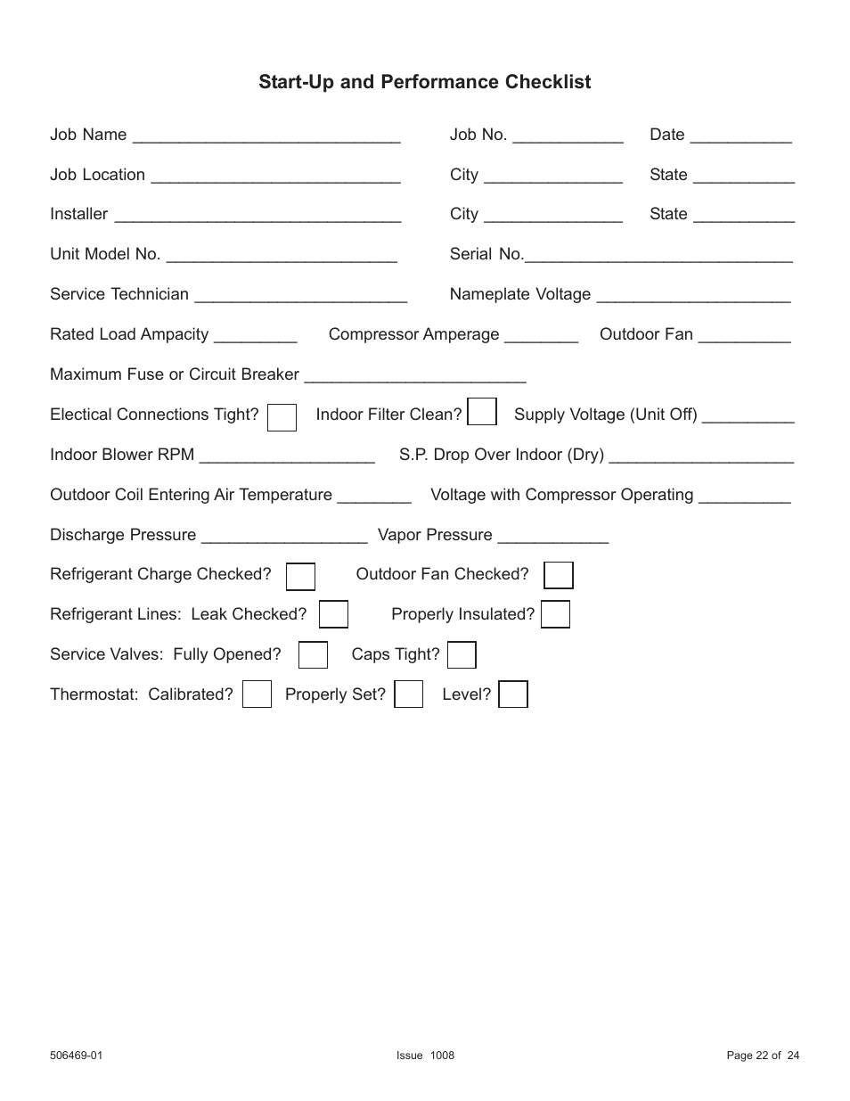 Start-up and performance checklist | Allied Air Enterprises 4AC18LT User Manual | Page 22 / 24