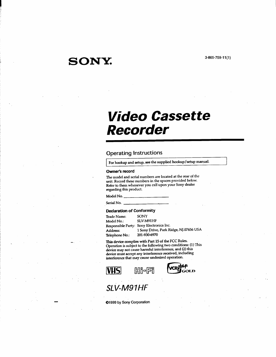 Sony SLV-M91HF User Manual | 80 pages