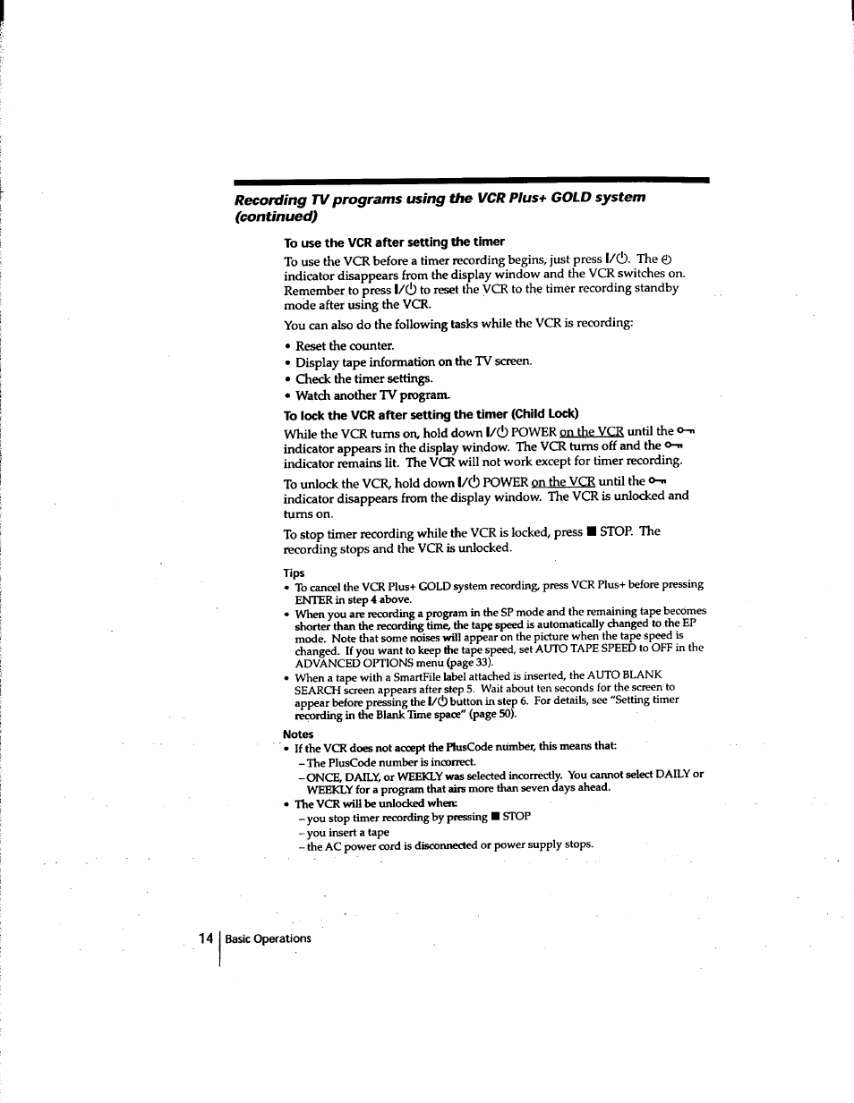 To use the vcr after setting the timer, Notes | Sony SLV-M91HF User Manual | Page 14 / 80