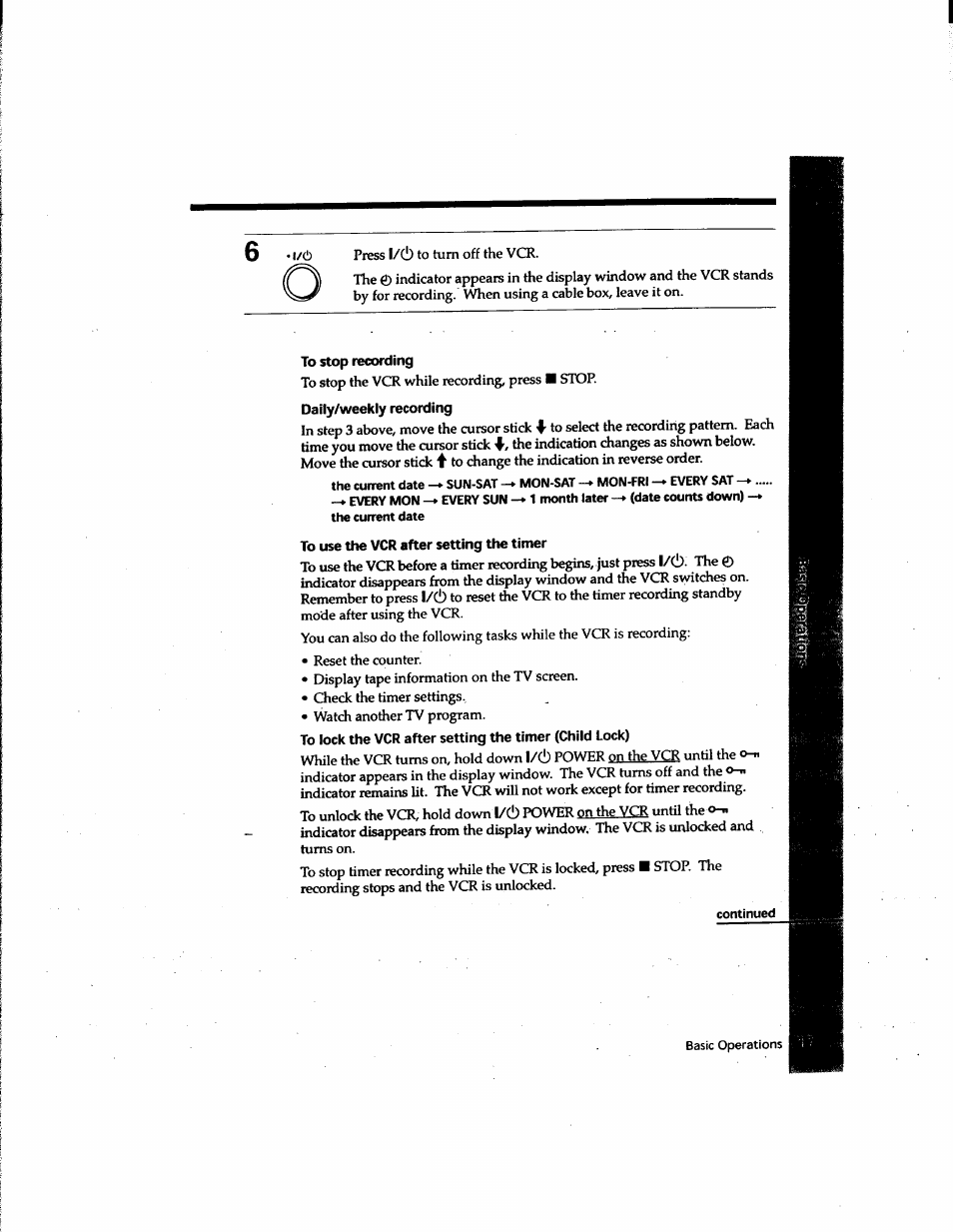 To stop recording, Daily/weekly recording, To use the vcr after setting the timer | L/(!) | Sony SLV-M91HF User Manual | Page 17 / 80