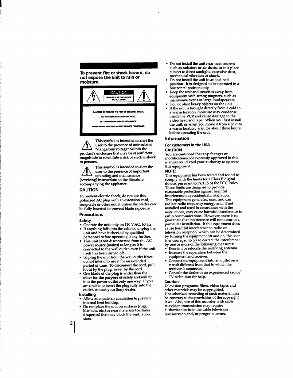 Caution, Precautions, Safety | Installing, Information, For customers in the usa caution | Sony SLV-M91HF User Manual | Page 2 / 80