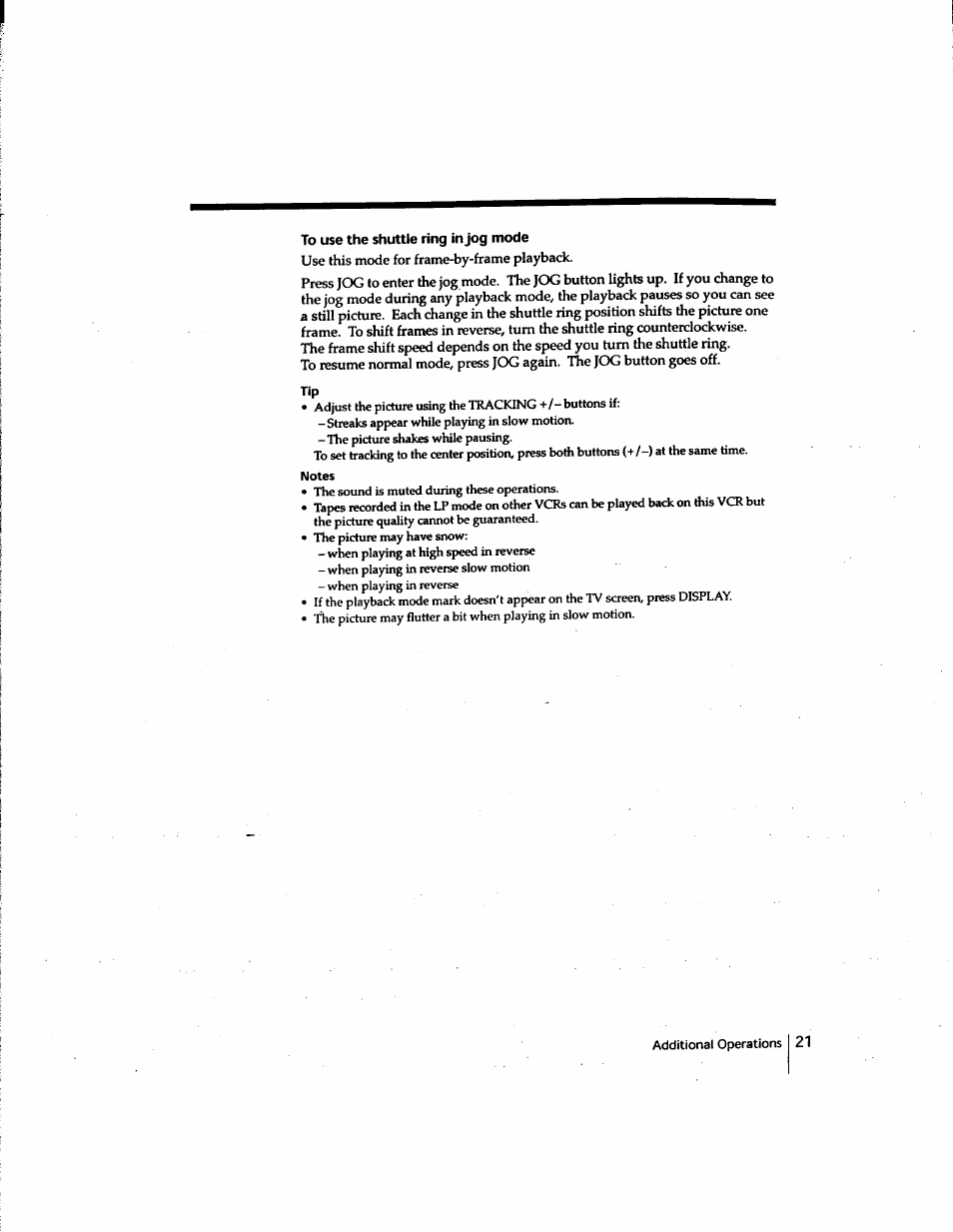 To use the shuttle ring in jog mode | Sony SLV-M91HF User Manual | Page 21 / 80