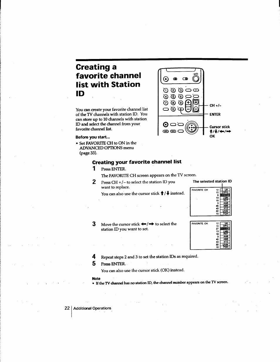 Before you start, Creating your favorite channel list, Note | Creating a favorite channel list with station id | Sony SLV-M91HF User Manual | Page 22 / 80