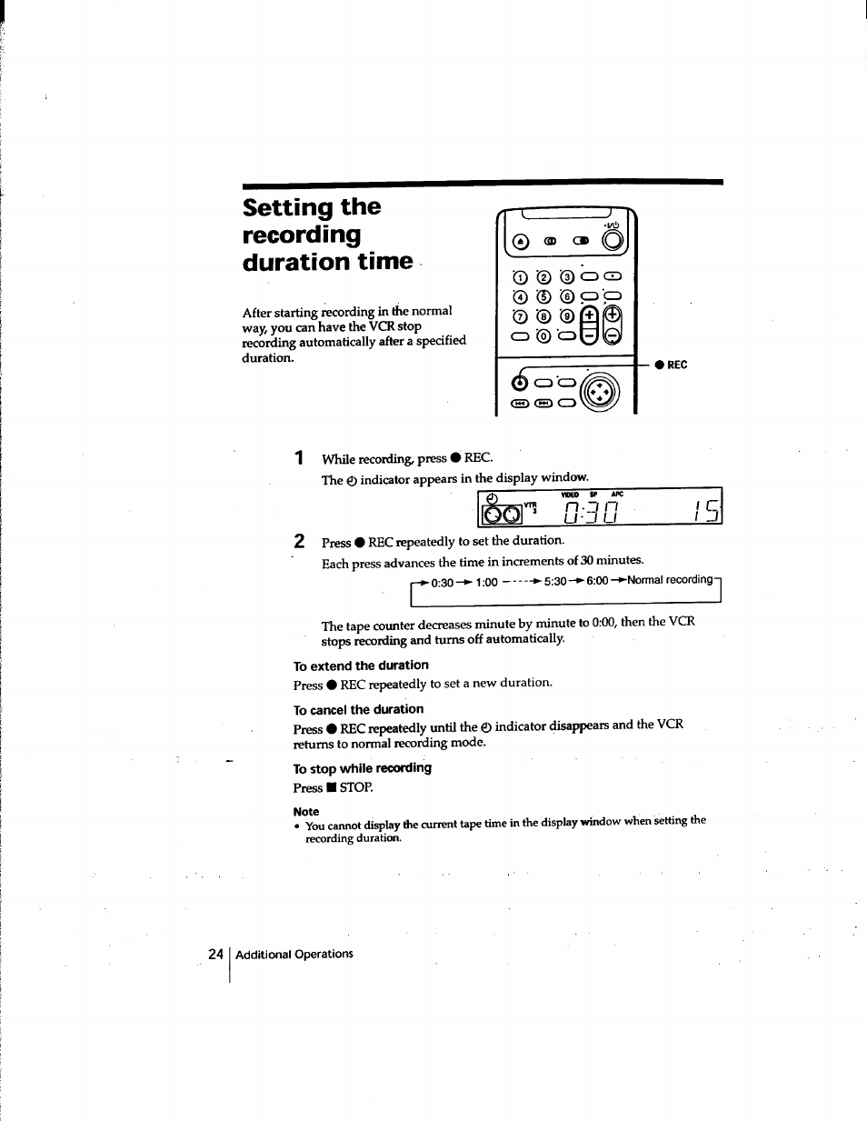 Setting the recording duration time, To extend the duration, To cancel the duration | To stop while recording, Q |0 | Sony SLV-M91HF User Manual | Page 24 / 80