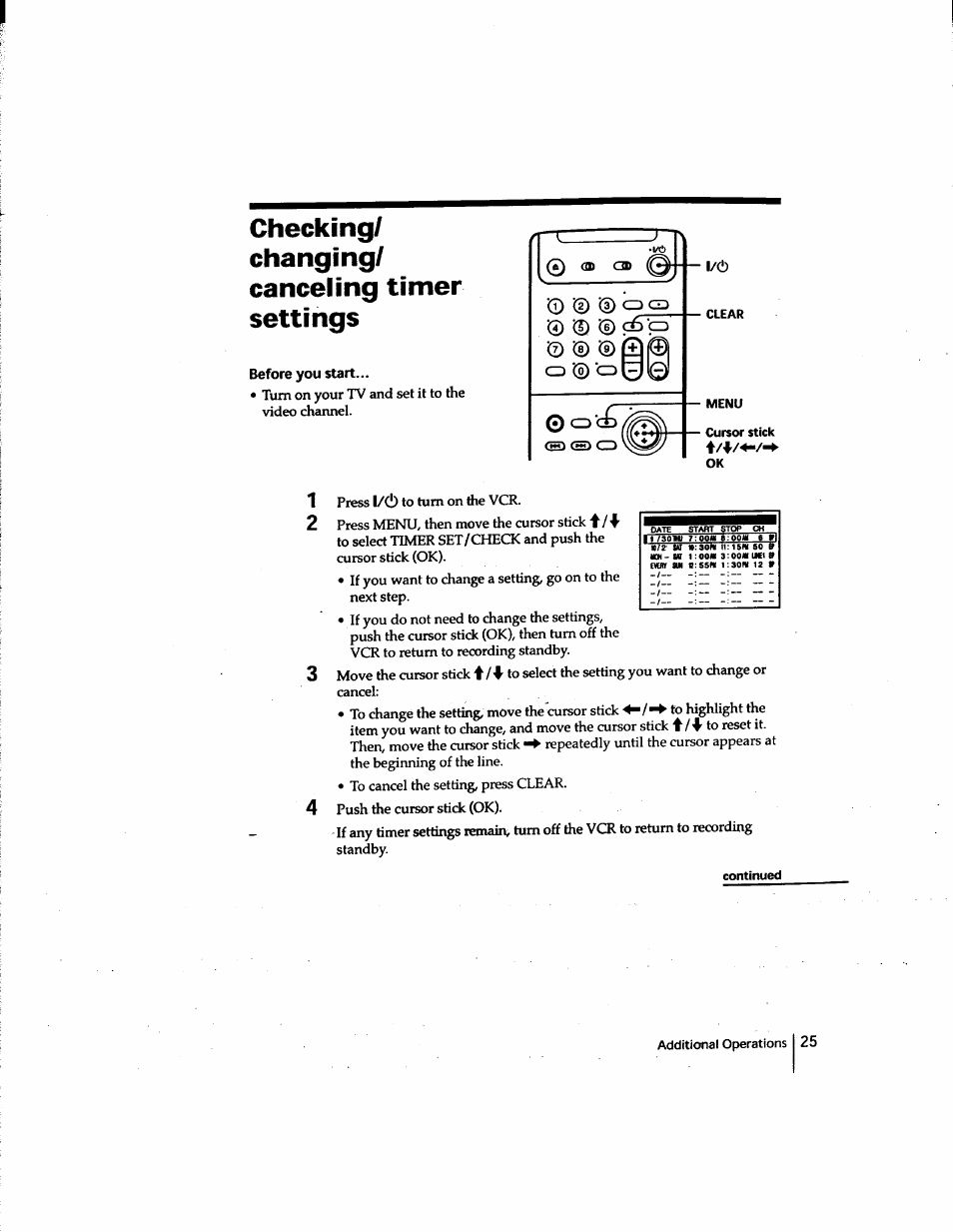 Before you start, Checking/ changing/ canceling timer settings, L/(!) | Sony SLV-M91HF User Manual | Page 25 / 80