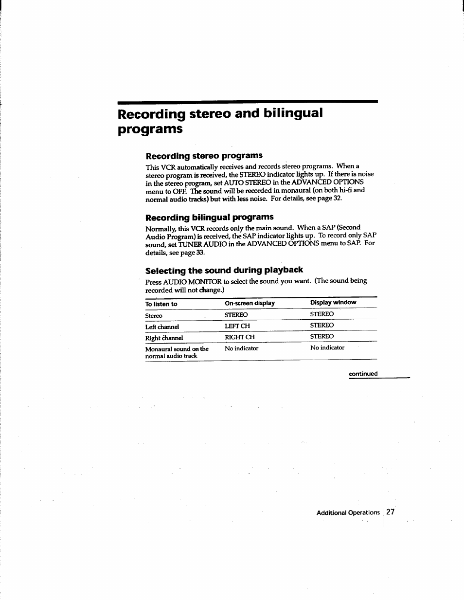 Recording stereo and bilingual programs, Recording stereo programs, Recording bilingual programs | Selecting the sound during playback | Sony SLV-M91HF User Manual | Page 27 / 80