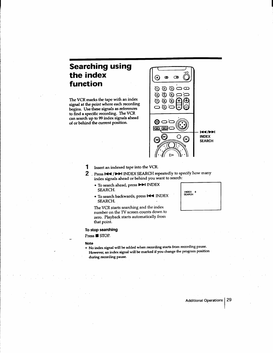 Searching using the index function, To stop searching | Sony SLV-M91HF User Manual | Page 29 / 80