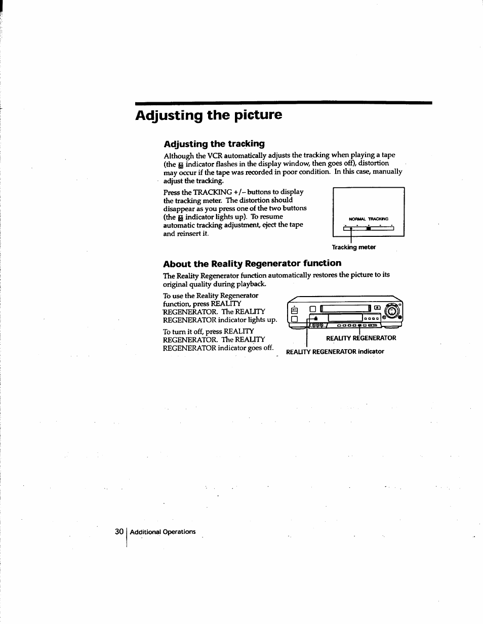 Adjusting the picture, Adjusting the tracking, About the reality regenerator function | Sony SLV-M91HF User Manual | Page 30 / 80