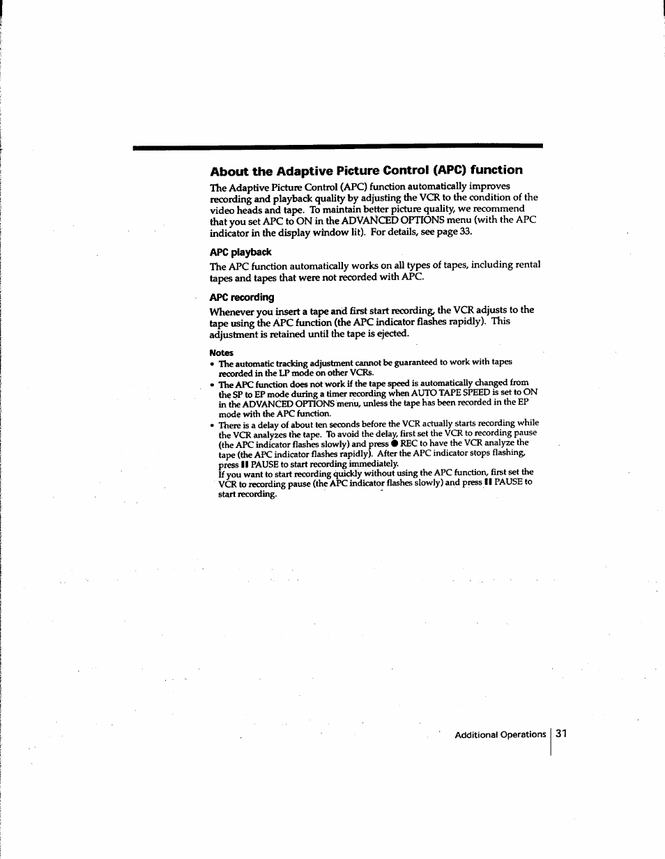 About the adaptive picture control (apc) function, Apc playback, Apc recording | Notes | Sony SLV-M91HF User Manual | Page 31 / 80