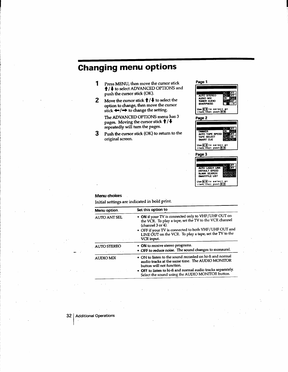 Changing menu options, Menu choices | Sony SLV-M91HF User Manual | Page 32 / 80